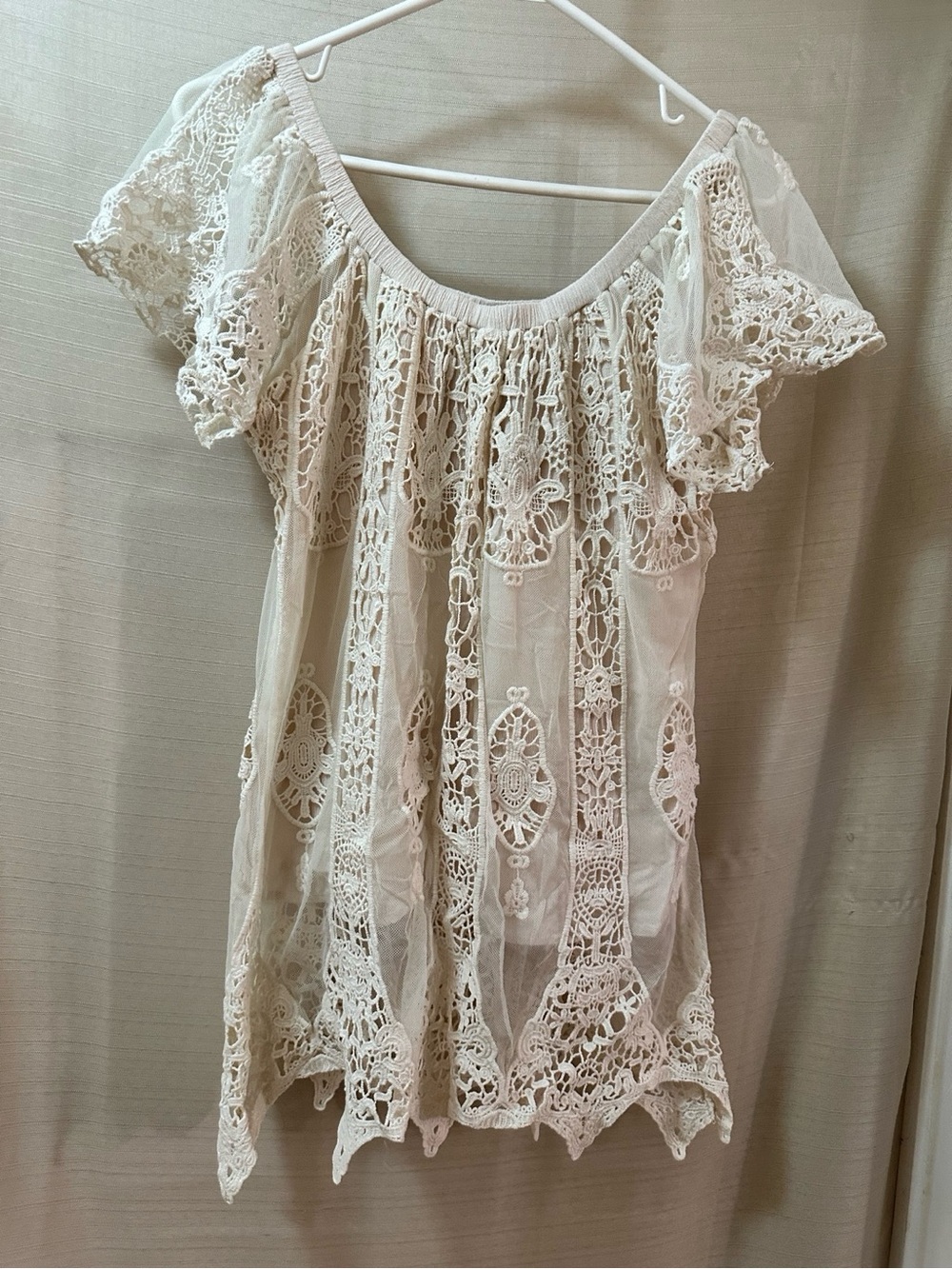 Rain + Rose Ivory Lace Mesh Overlay Off Shoulder Boho Blouse Women Medium